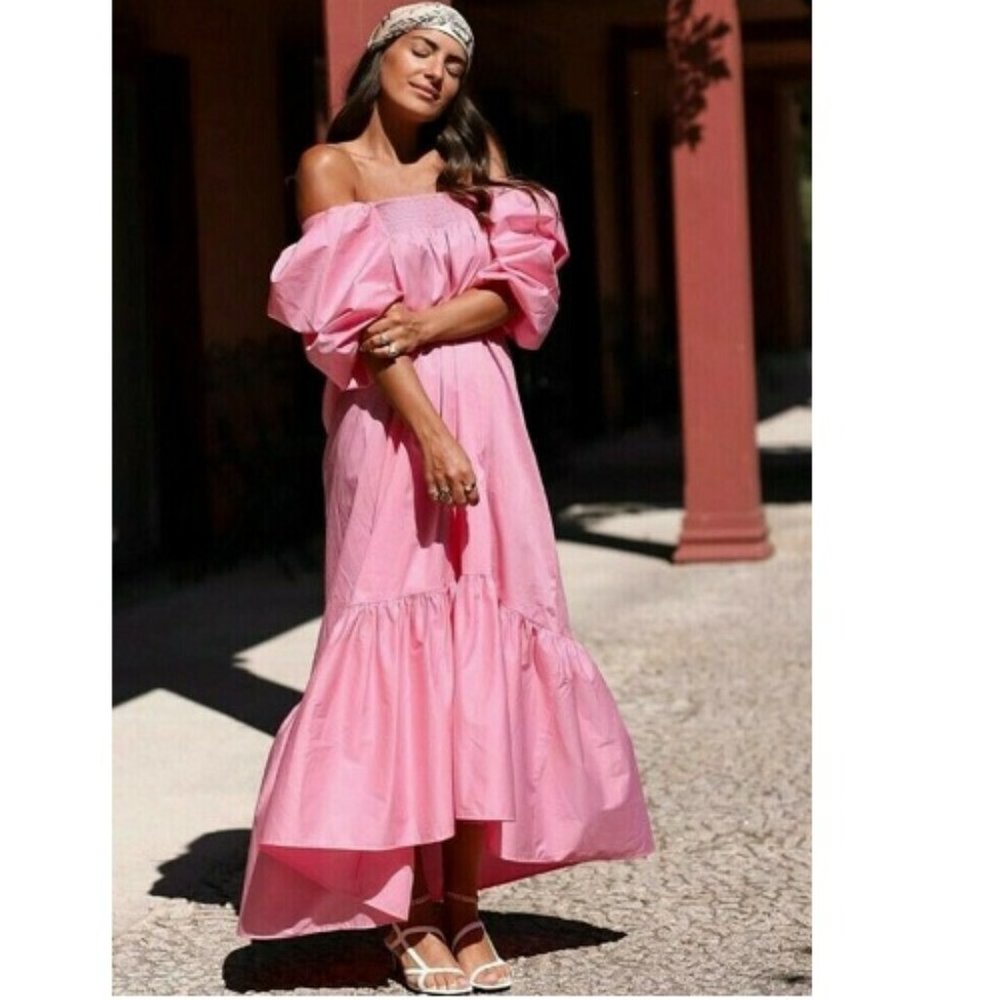 H&M Pink Puff Sleeve Voluminous Midi Dress XS Blogger Favorite NEW - Picture 1 of 14